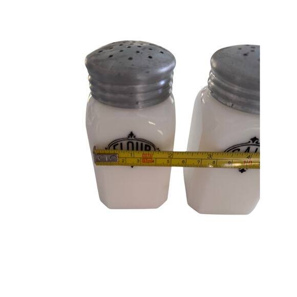Hazel Atlas Milk Glass Condiment Set, Salt and Flour Dispensers - Picture 3 of 3